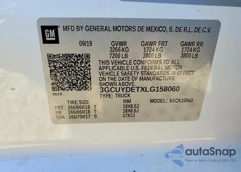 2020 Chevrolet Silverado K1500 Lt z USA, uszkodzony, nr VIN 3GCUYDETXLG158060